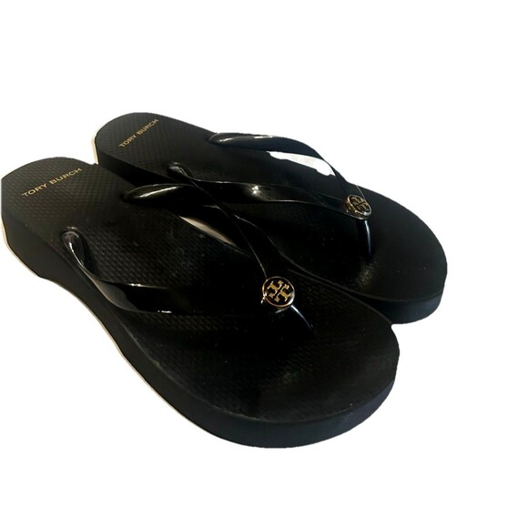 TORY BURCH Wedge Platform Gold Logo Flip Flops Black Women Sandals Size US 9? - Picture 3 of 13